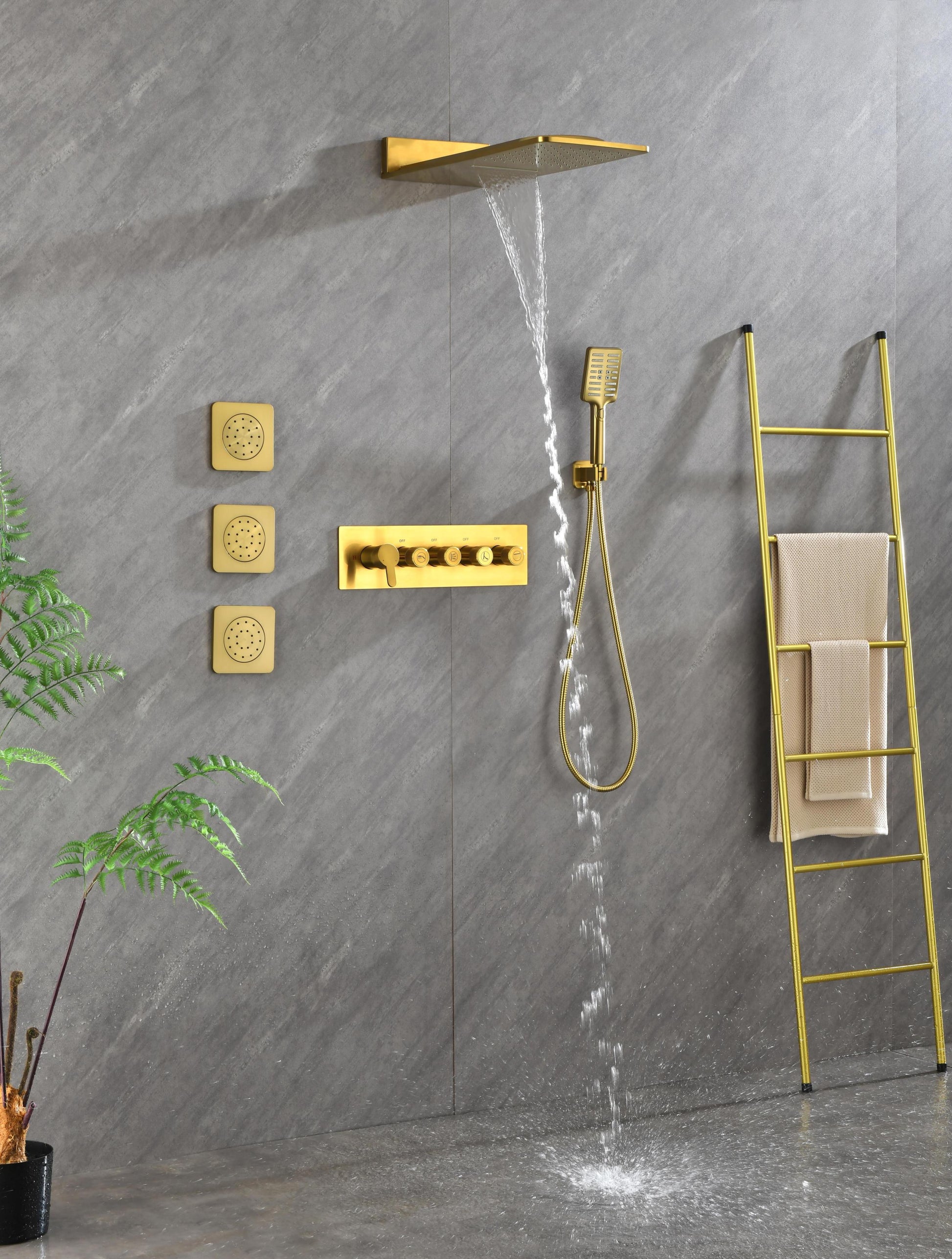 Wall Mounted Waterfall Rain Shower System With 3 Body Sprays & Handheld Shower Gold Brass