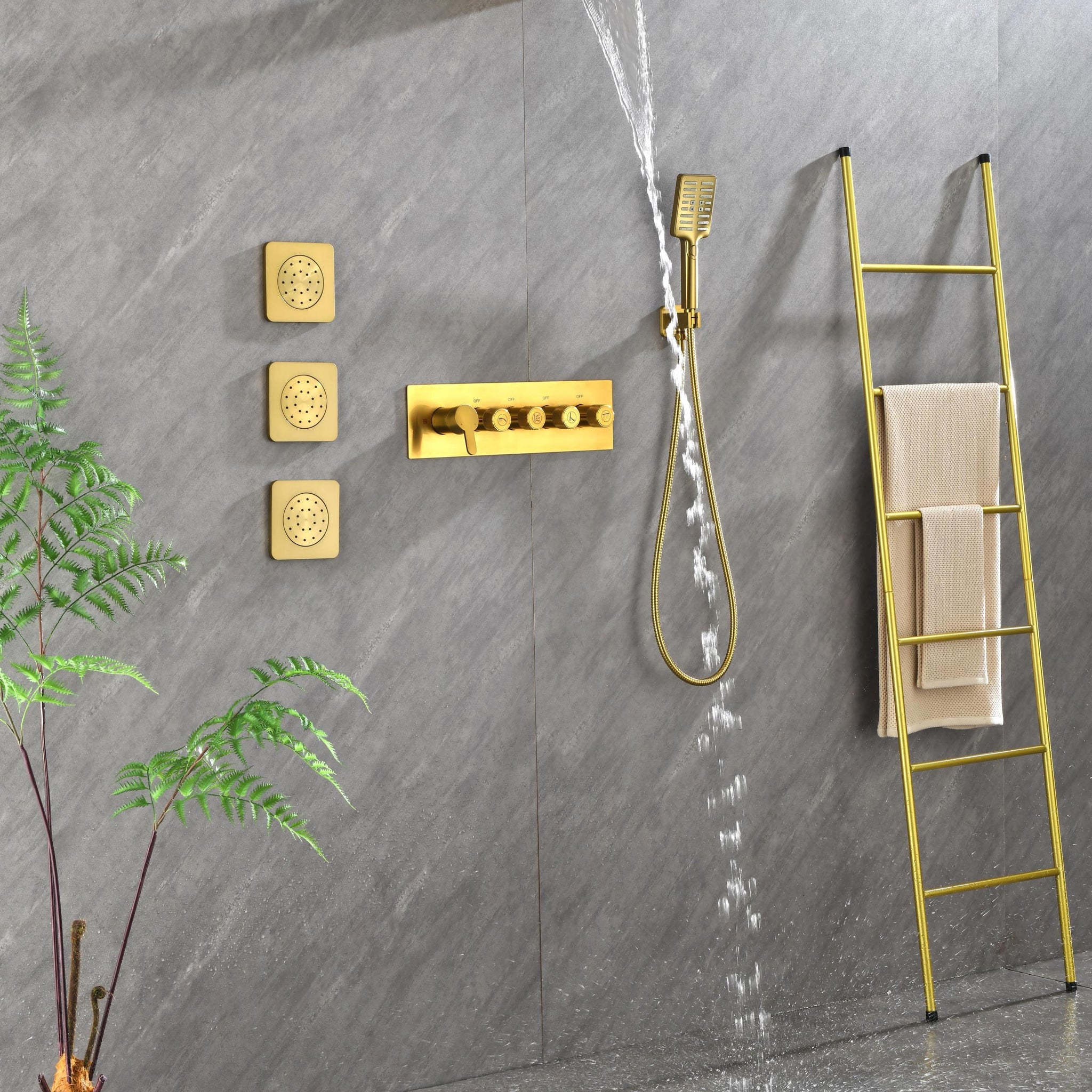 Wall Mounted Waterfall Rain Shower System With 3 Body Sprays & Handheld Shower Gold Brass