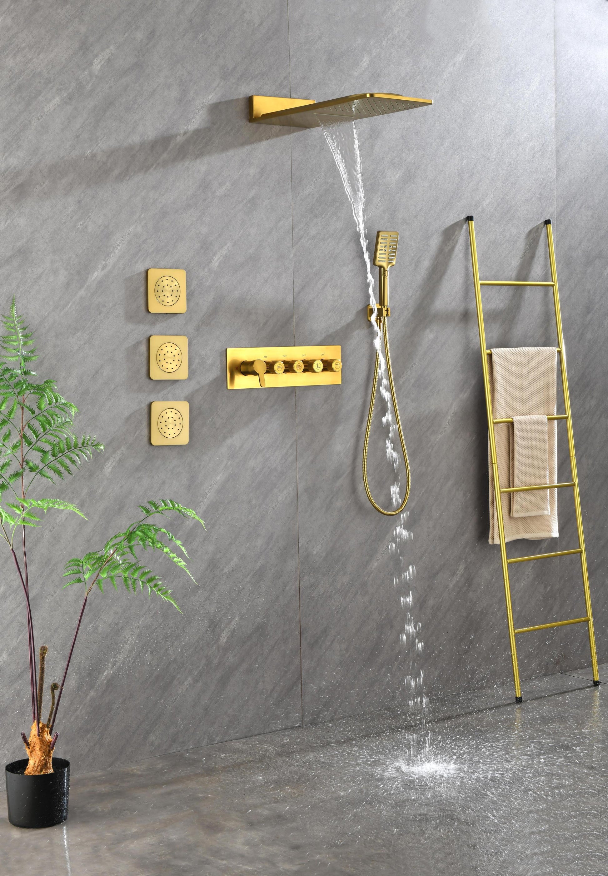 Wall Mounted Waterfall Rain Shower System With 3 Body Sprays & Handheld Shower Gold Brass