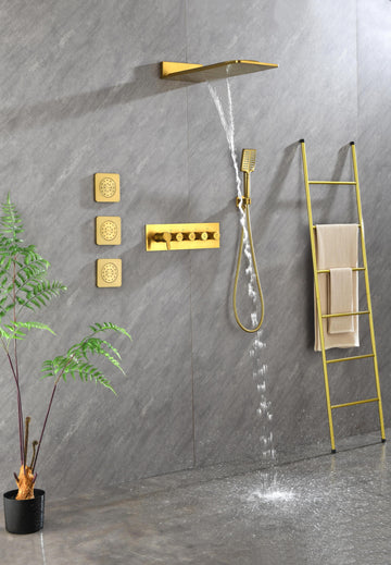 Wall Mounted Waterfall Rain Shower System With 3 Body Sprays & Handheld Shower Gold Brass