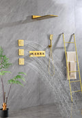 Wall Mounted Waterfall Rain Shower System With 3 Body Sprays & Handheld Shower Gold Brass