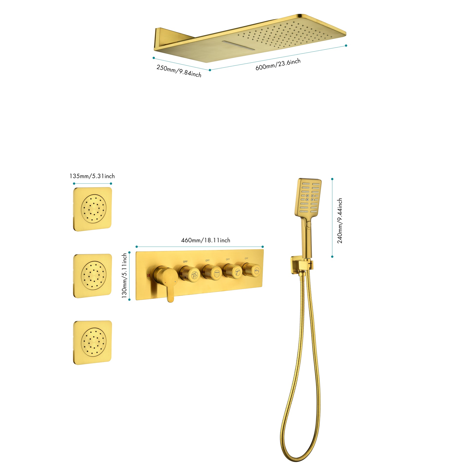 Wall Mounted Waterfall Rain Shower System With 3 Body Sprays & Handheld Shower Gold Brass