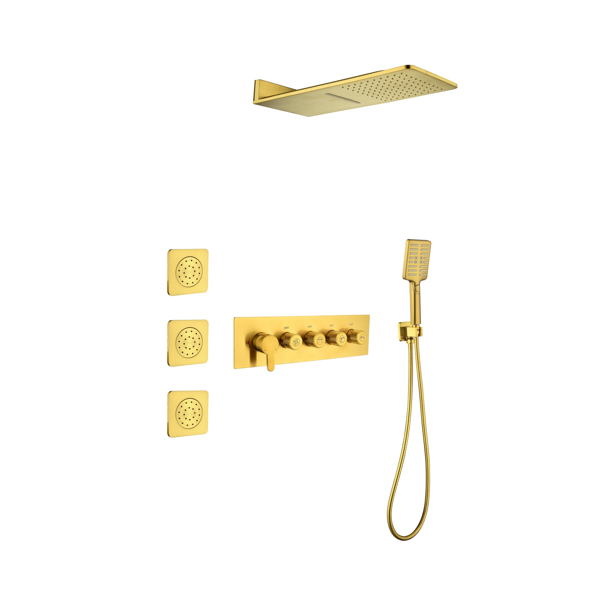 Wall Mounted Waterfall Rain Shower System With 3 Body Sprays & Handheld Shower Gold Brass