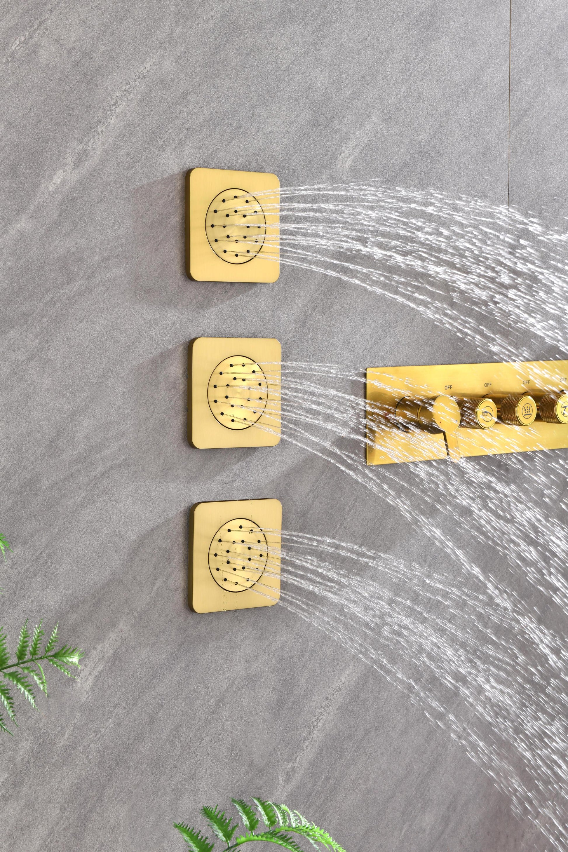 Wall Mounted Waterfall Rain Shower System With 3 Body Sprays & Handheld Shower Gold Brass