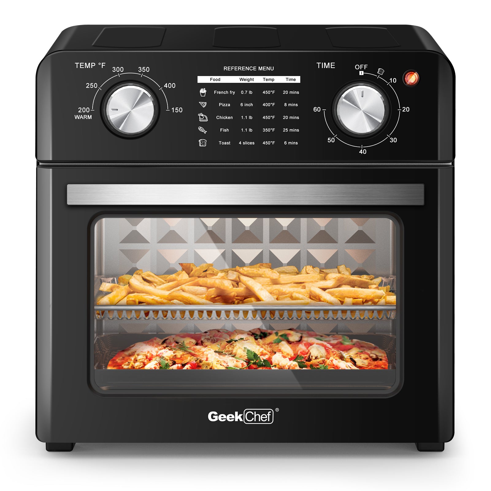 Geek Chef Air Fryer 10Qt, Countertop Toaster Oven, 4 Slice Toaster Air Fryer Oven Warm, Broil, Toast, Bake, Air Fry, Oil Free, Black Stainless Steel, Perfect For Countertop Ban On Black Metal