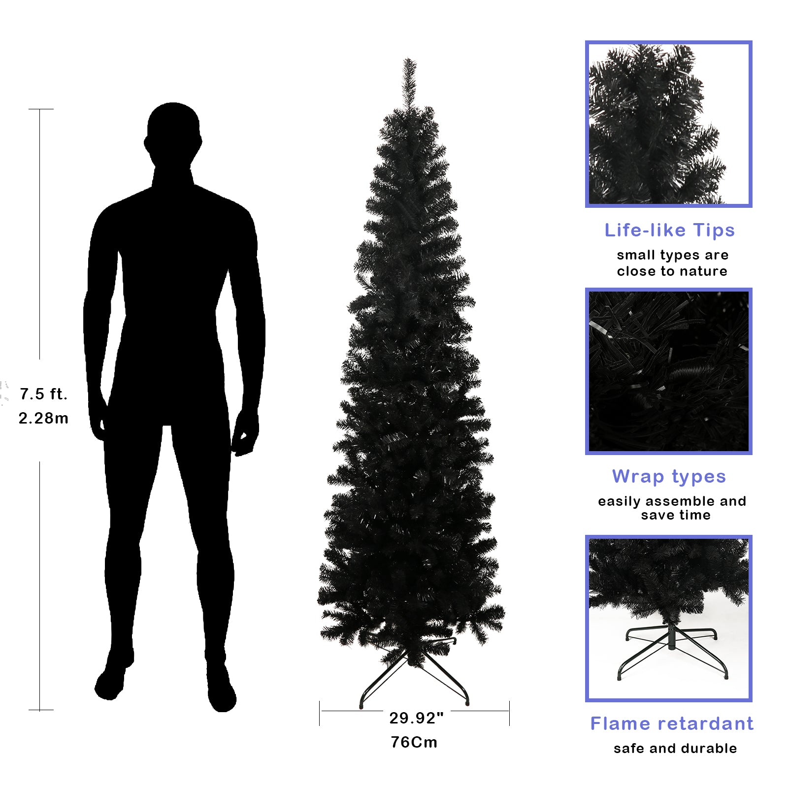 7.5Ft Black Slim Artificial Christmas Tree Includes Foldable Metal Stand Black Polyester