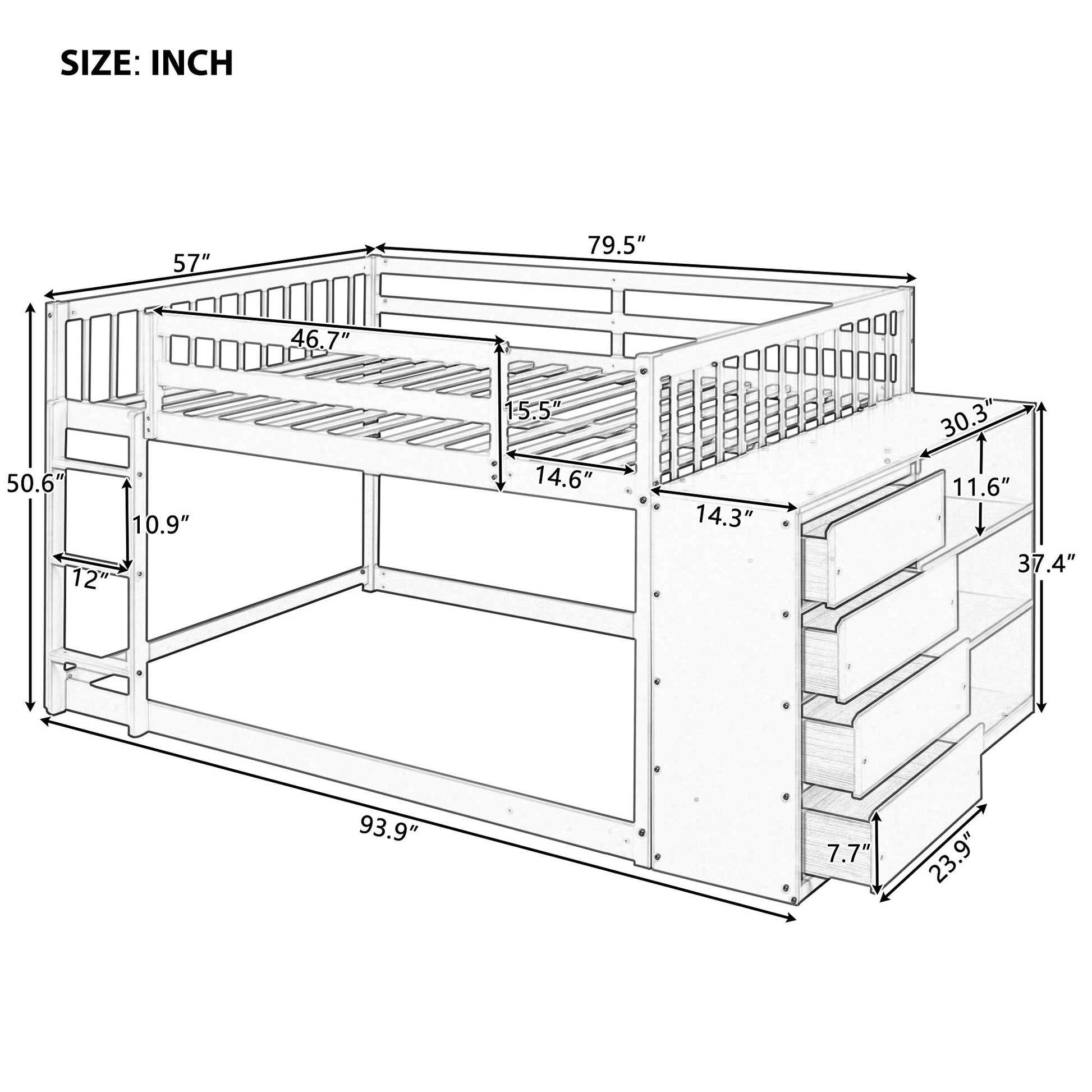 Full Over Full Bunk Bed With 4 Drawers And 3 Shelves Gray Gray Solid Wood