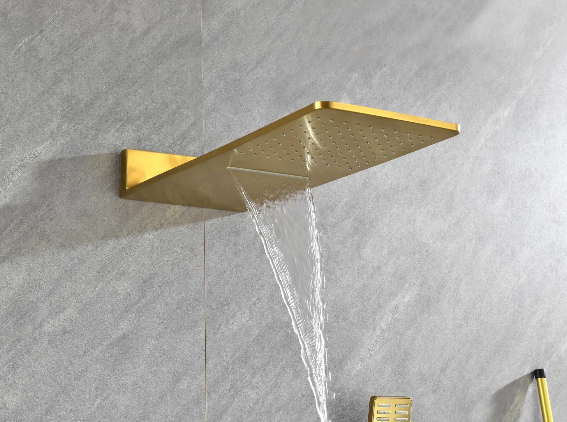 Wall Mounted Waterfall Rain Shower System With 3 Body Sprays & Handheld Shower Gold Brass