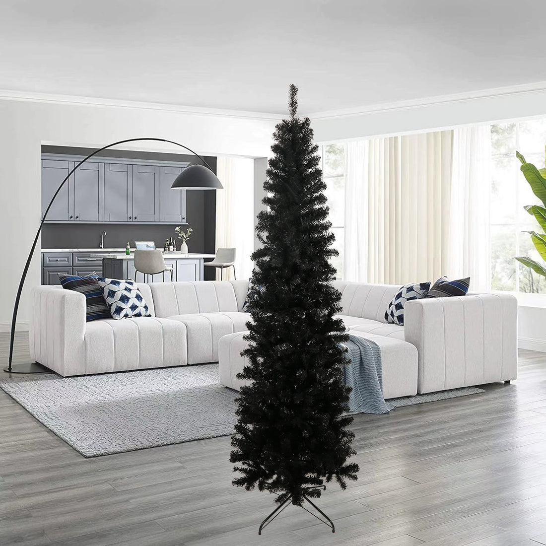 7.5Ft Black Slim Artificial Christmas Tree Includes Foldable Metal Stand Black Polyester