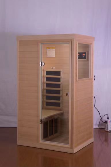 Hemlock Mini One Person Far Infrared Door On The Right Of The Indoor Sauna Room Natural Solid Wood