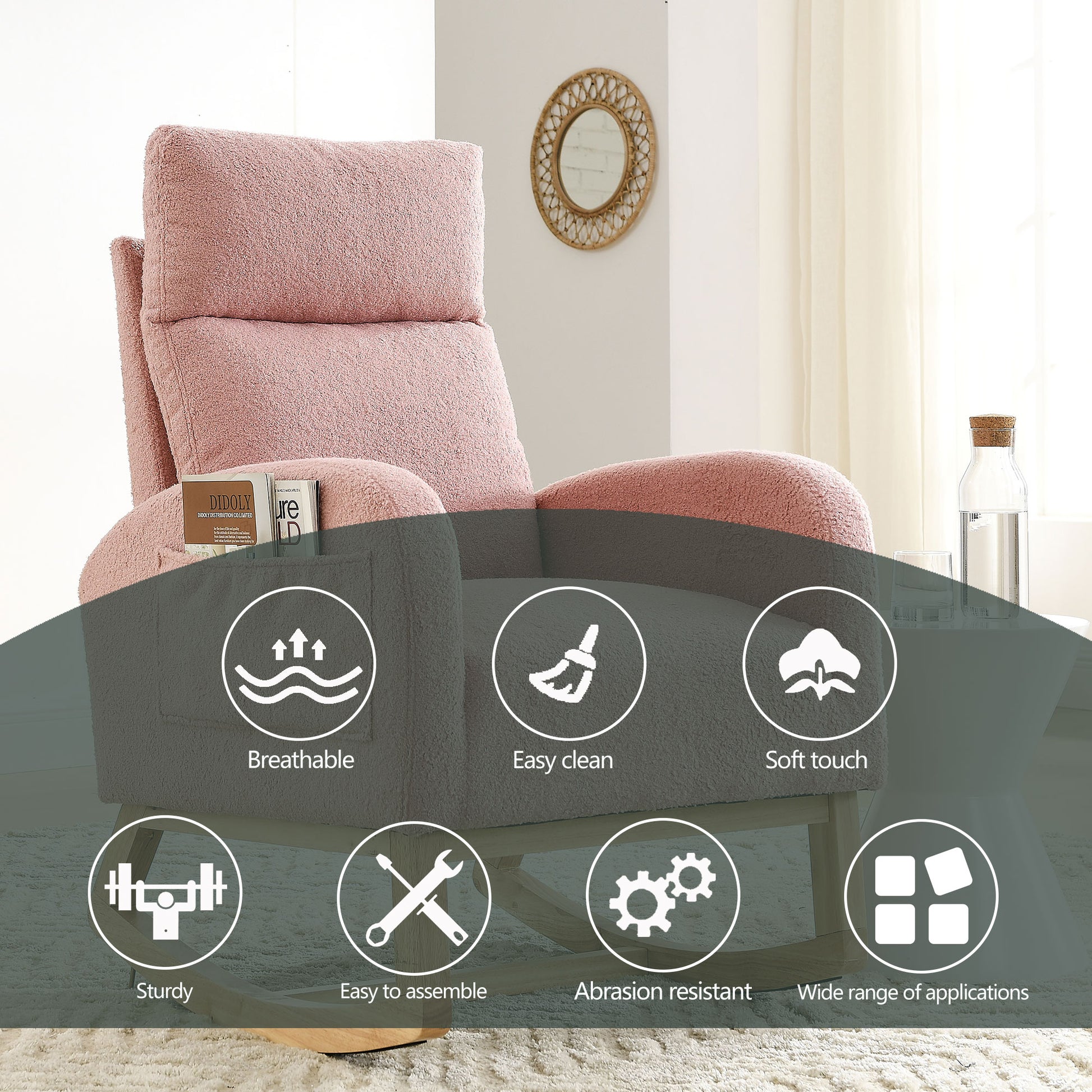 Video Welike 27.6"W Modern Accent High Backrest Living Room Lounge Arm Rocking Chair, Two Side Pocket W83453340 Pink Teddy Foam Fabric
