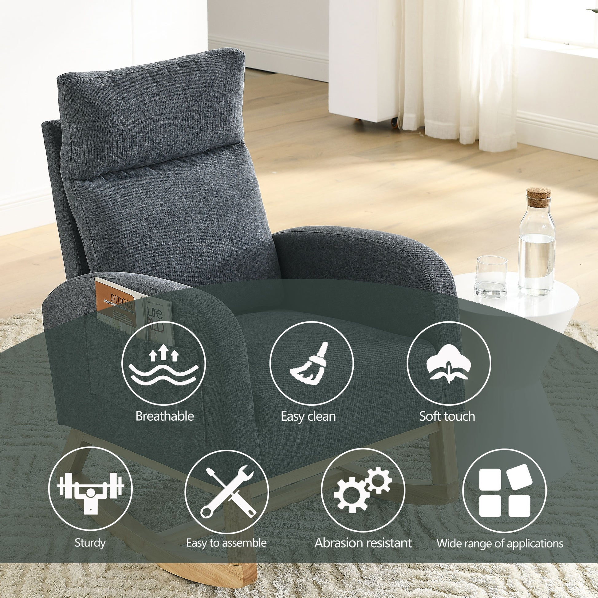 Video Welike 27.6"W Modern Accent High Backrest Living Room Lounge Arm Rocking Chair, Two Side Pocket W83453347 Dark Grey Foam Fabric
