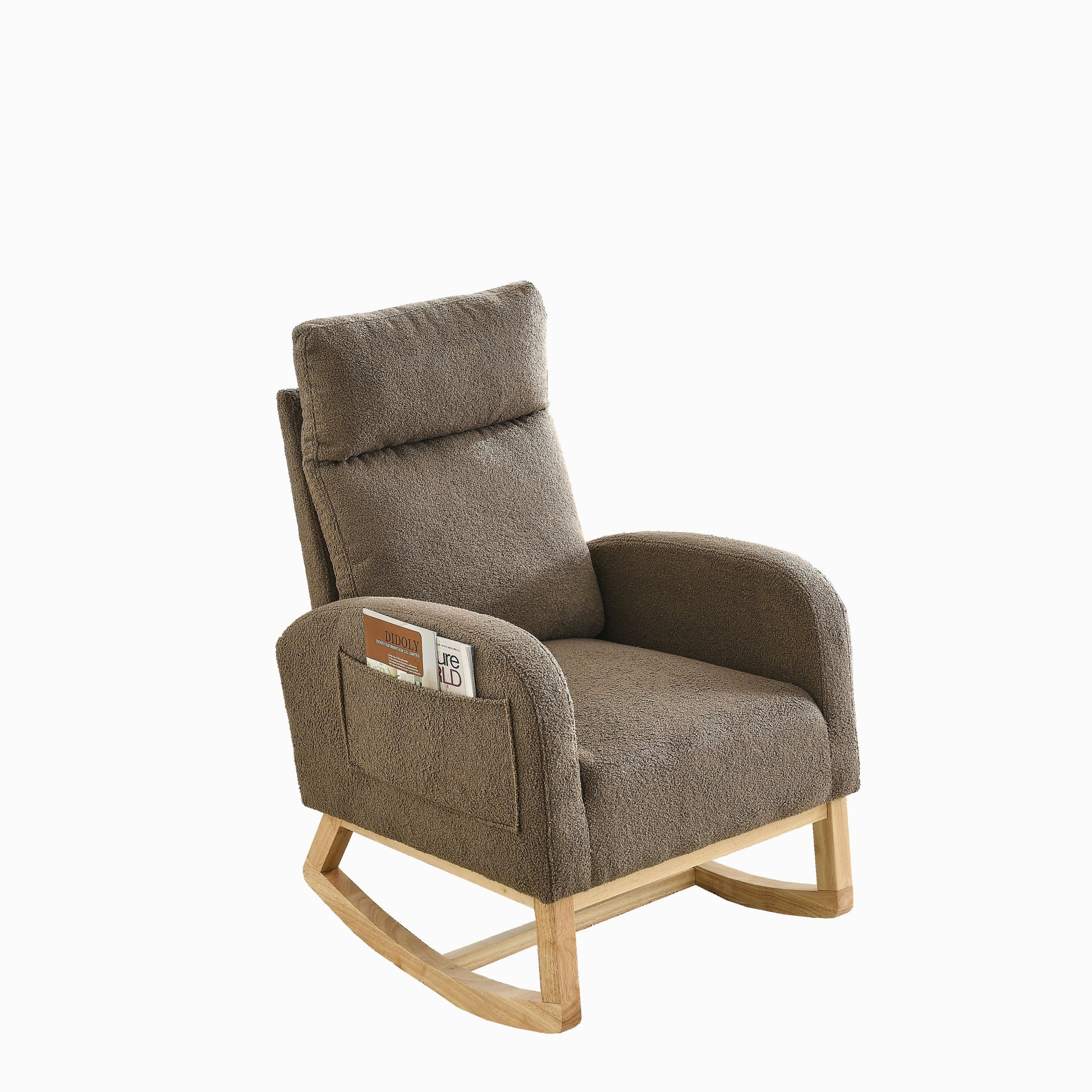 Video Welike 27.6"W Modern Accent High Backrest Living Room Lounge Arm Rocking Chair, Two Side Pocket W83453338 Coffee Foam Fabric