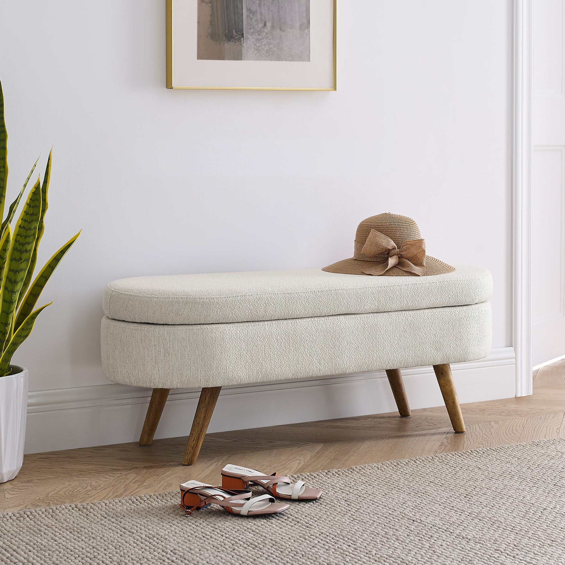 Ottoman Oval Storage Bench,Rubber Wood Legs, Beige 43.5"X16"X16" Beige Linen