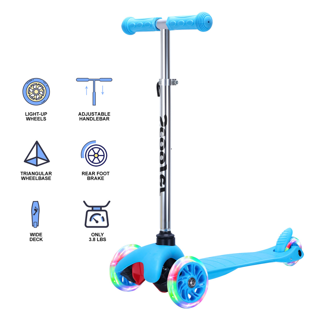 Simplelux Kids Scooter 4 Adjustable Height, Extra Wide Deck With Brake & 3 Pu Flashing Wheels, Over 3 Years Old,Blue Blue Polyurethane