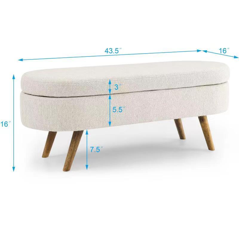 Ottoman Oval Storage Bench,Rubber Wood Legs, Beige 43.5"X16"X16" Beige Linen