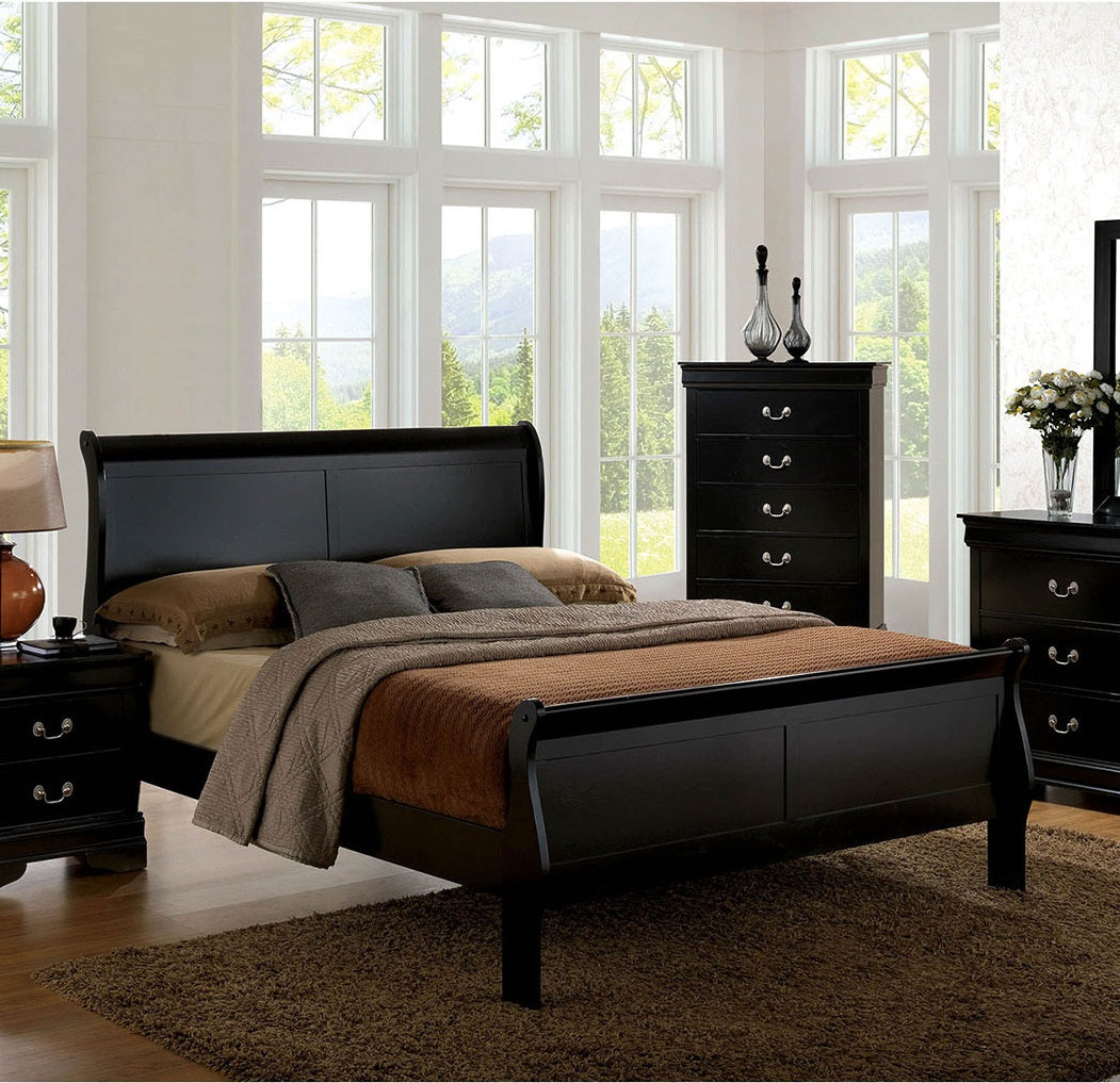 Full Size Bed Black Louis Phillipe Solidwood 1Pc Bed Bedroom Sleigh Bed Box Spring Required Full Black Wood Bedroom Contemporary,Modern Rubberwood Bed Frame Solid Wood