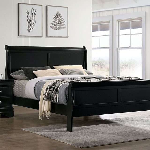 Queen Size Bed Black Louis Phillipe Solidwood 1Pc Bed Bedroom Sleigh Bed Box Spring Required Queen Black Wood Bedroom Contemporary,Modern Rubberwood Bed Frame Solid Wood