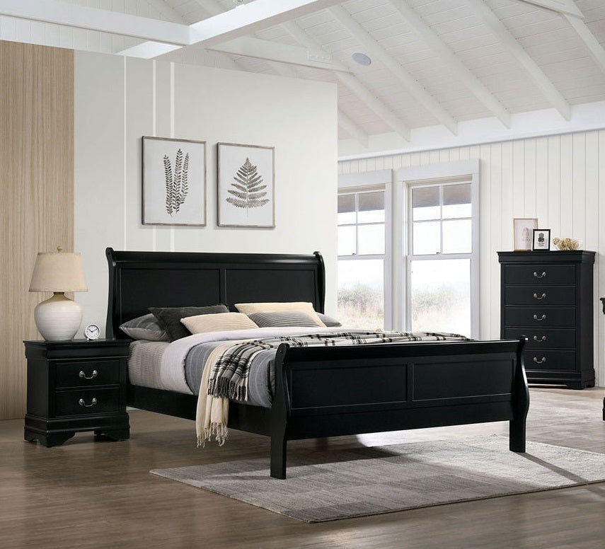 Full Size Bed Black Louis Phillipe Solidwood 1Pc Bed Bedroom Sleigh Bed Box Spring Required Full Black Wood Bedroom Contemporary,Modern Rubberwood Bed Frame Solid Wood