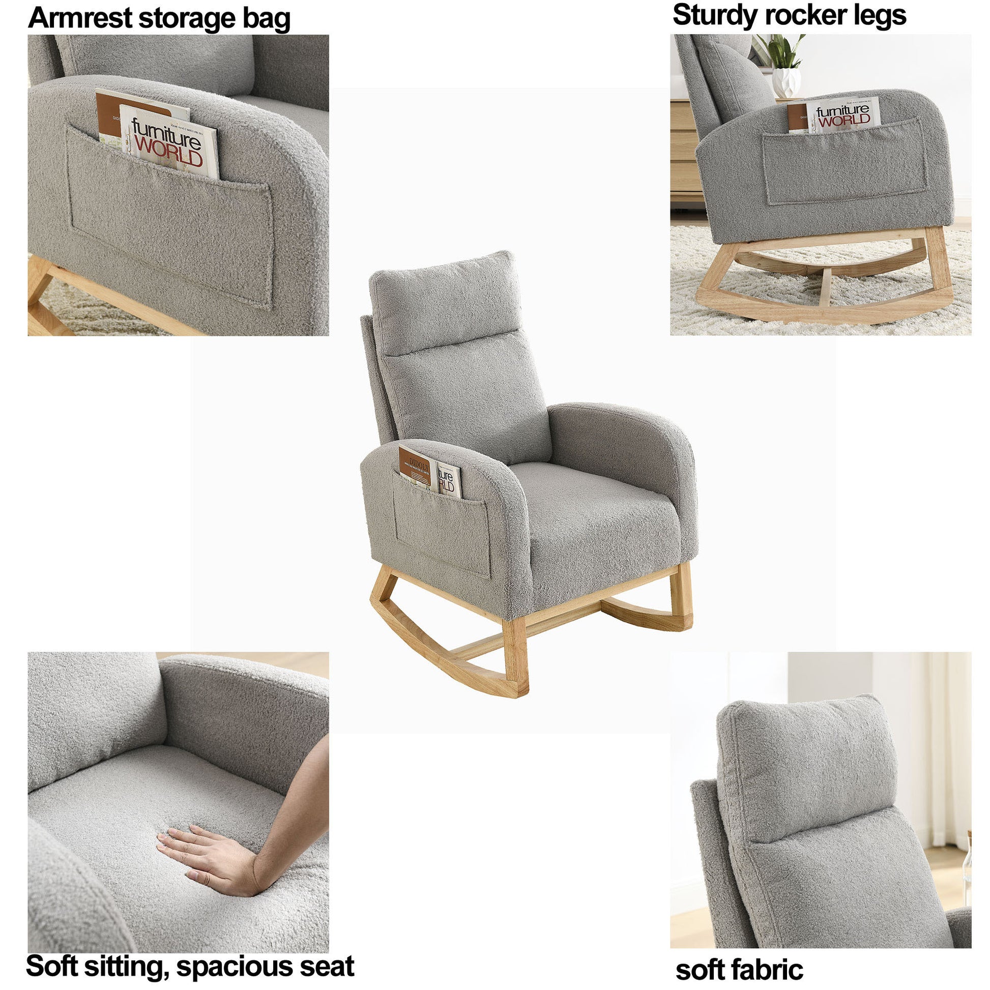 Video Welike 27.6"W Modern Accent High Backrest Living Room Lounge Arm Rocking Chair, Two Side Pocket W83453336 Grey Teddy Foam Fabric