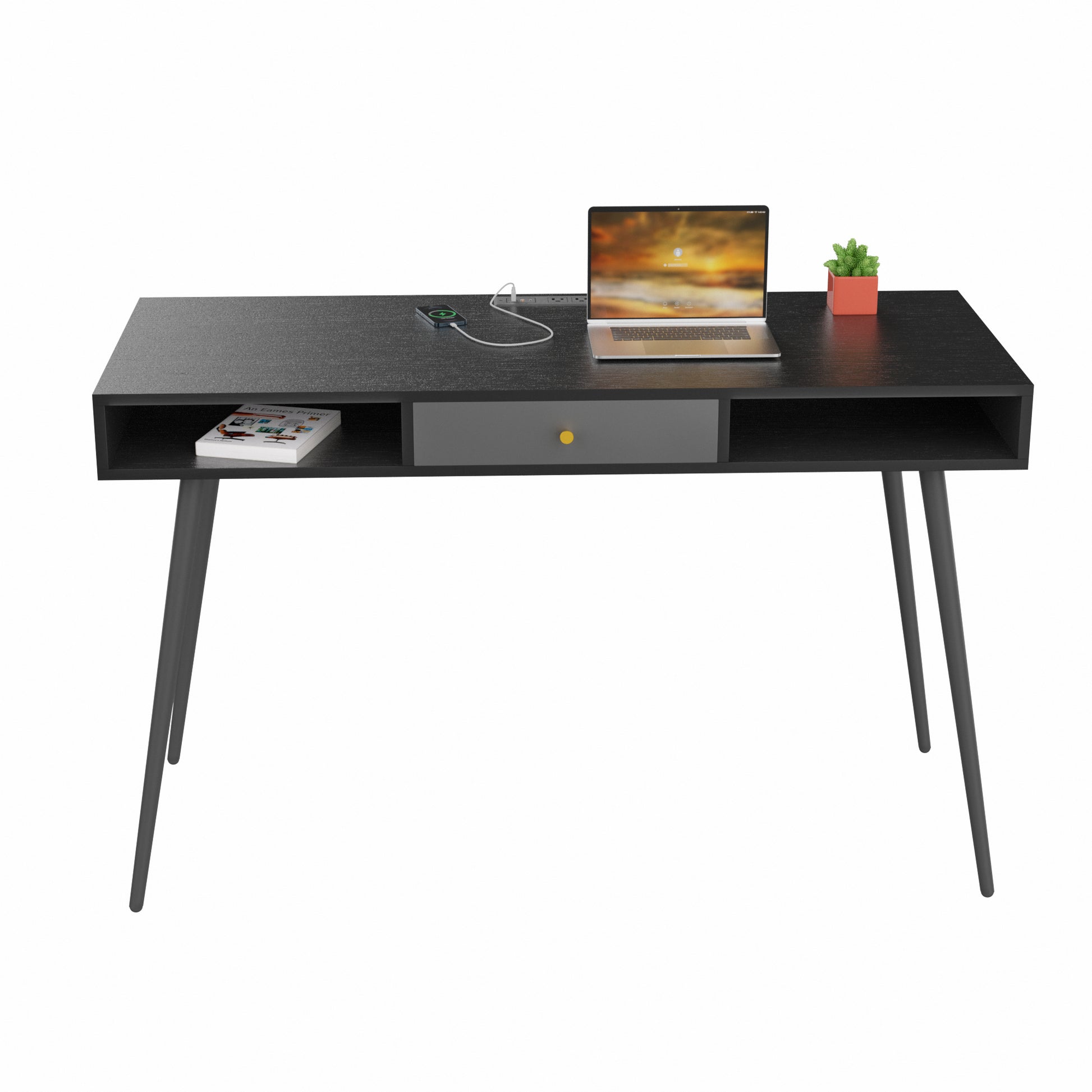 Mid Century Desk With Usb Ports And Power Outlet, Modern Writing Study Desk With Drawers, Multifunctional Home Office Computer Desk Black Black Mdf