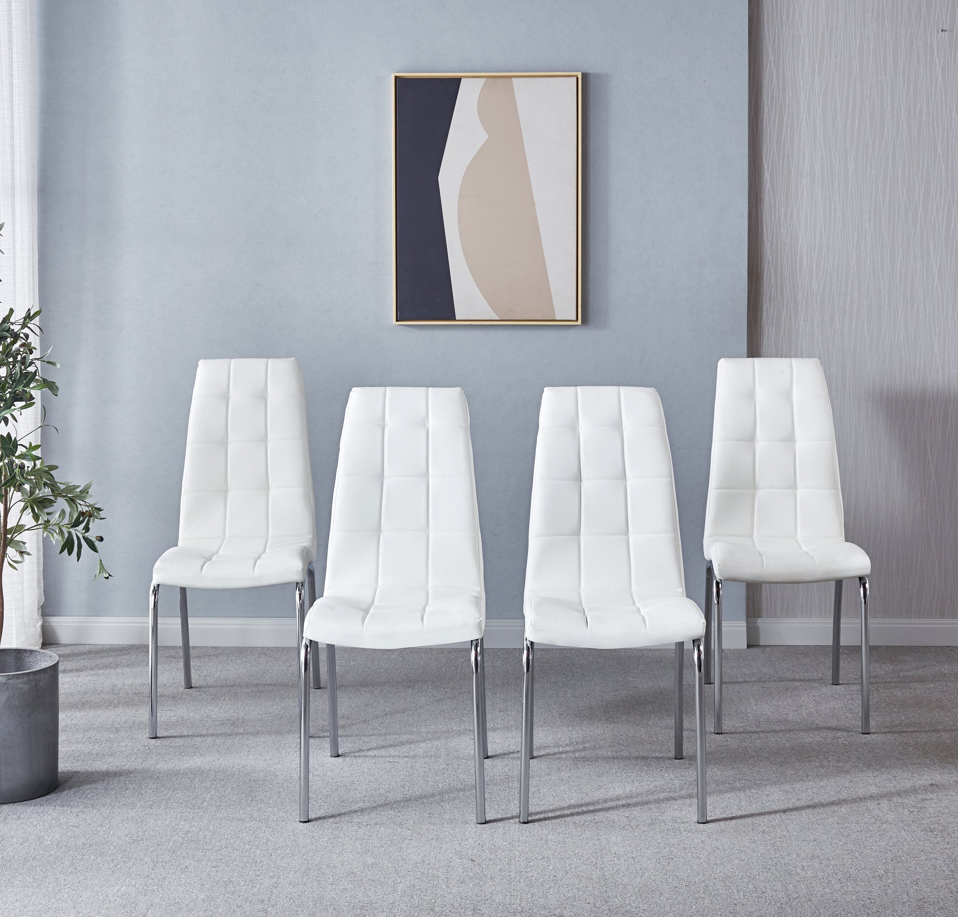 Modern Lattice Designdining Chair With Silver Metal Legs Set Of 4 White Leather