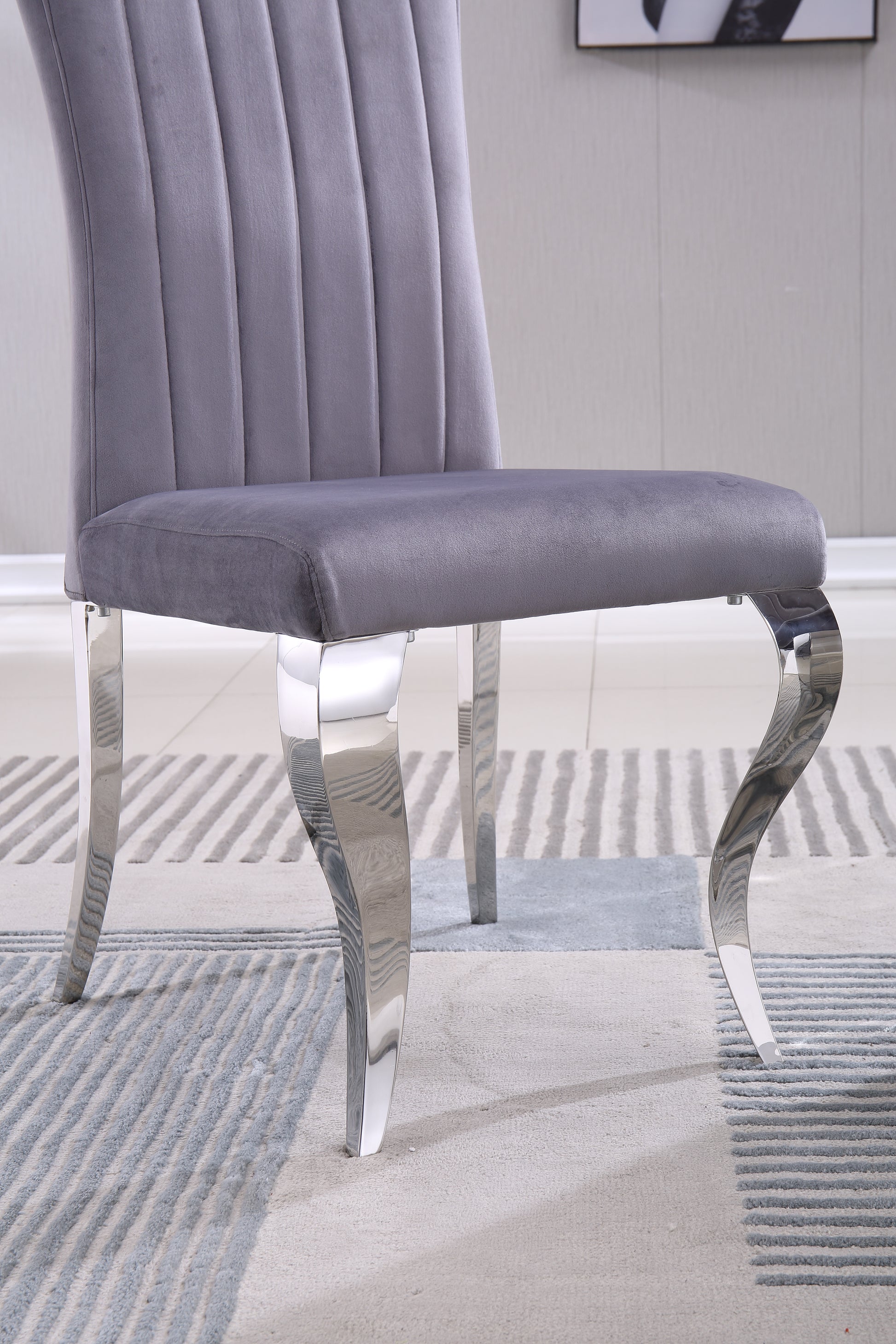 Modern Velvet Dining Chairs Set Of 2, Upholstered Accent Armless Chairs With Stripe Backrest Grey Velvet