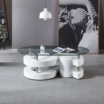 3 Pieces Coffee Table Set, Oval 10Mm 0.39" Thick Tempered Glass Table And 2 Leather Stools White Glass