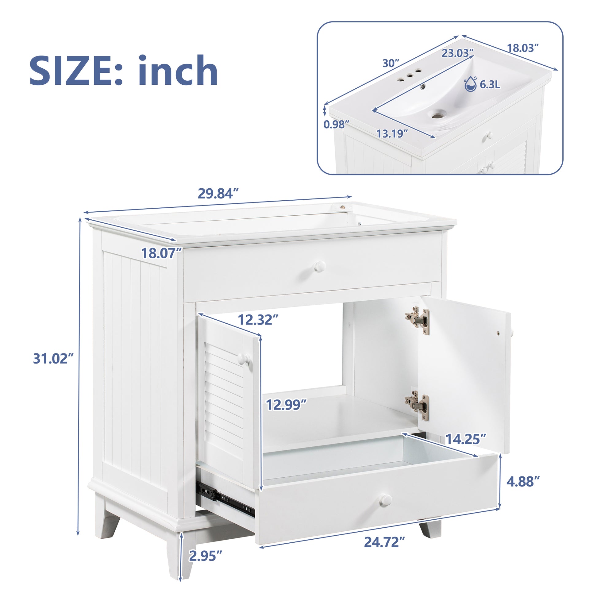 30" Bathroom Vanity With Sink, Bathroom Cabinet With Two Doors And One Drawer, White Old Sku: Jl000005Aak White Solid Wood