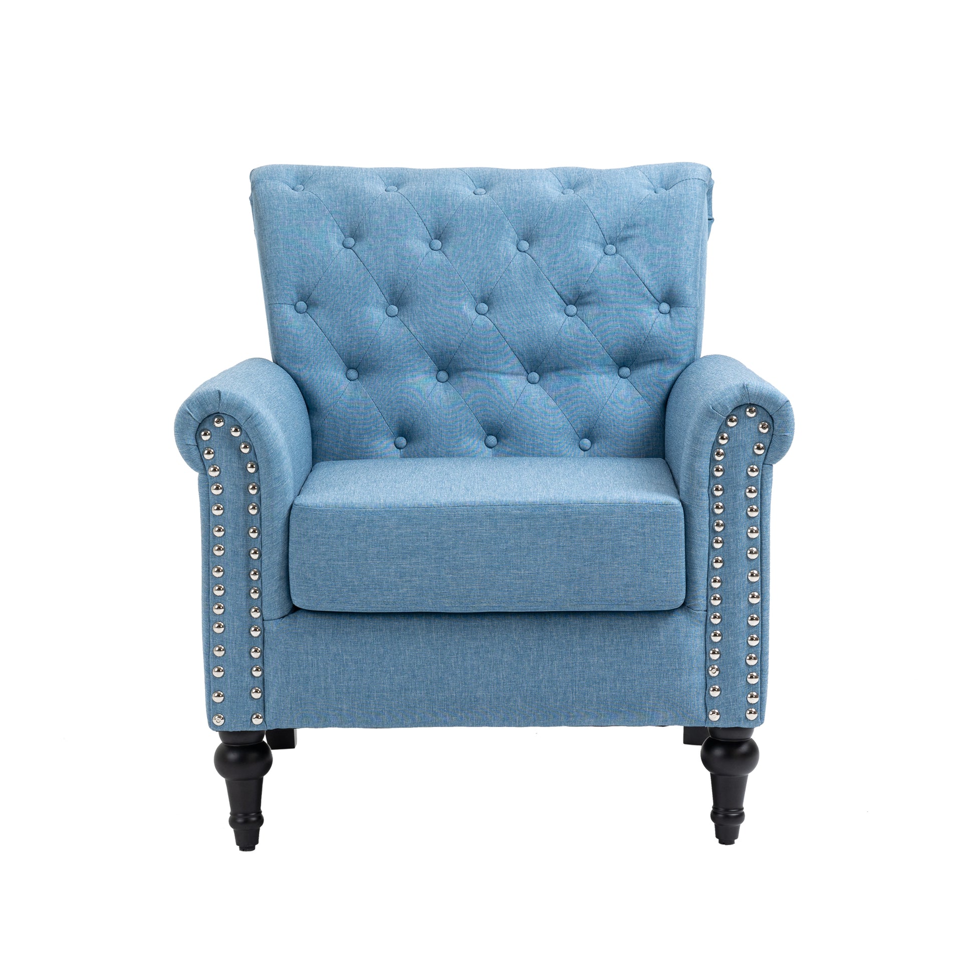Mid Century Modern Accent Chair, Linen Armchair W Tufted Back Wood Legs, Upholstered Lounge Arm Chair Single Sofa For Living Room Bedroom,Light Blue Light Blue Foam Linen
