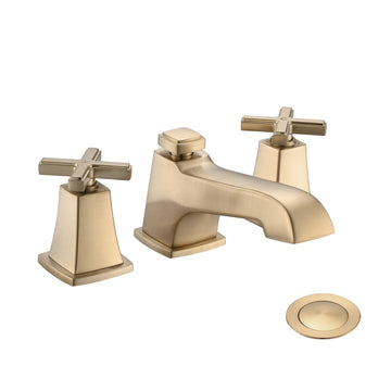 Two Handle Widespread High Arc Bathroom Faucet With Drain Assembly, Brushed Gold Brushed Gold Zinc