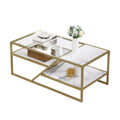 Golden Coffee Table With Storage Shelf, Tempered Glass Coffee Table With Metal Frame For Living Room&Bedroom Golden Mdf Iron