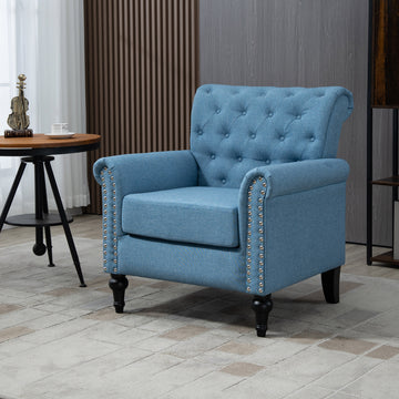 Mid Century Modern Accent Chair, Linen Armchair W Tufted Back Wood Legs, Upholstered Lounge Arm Chair Single Sofa For Living Room Bedroom,Light Blue Light Blue Foam Linen
