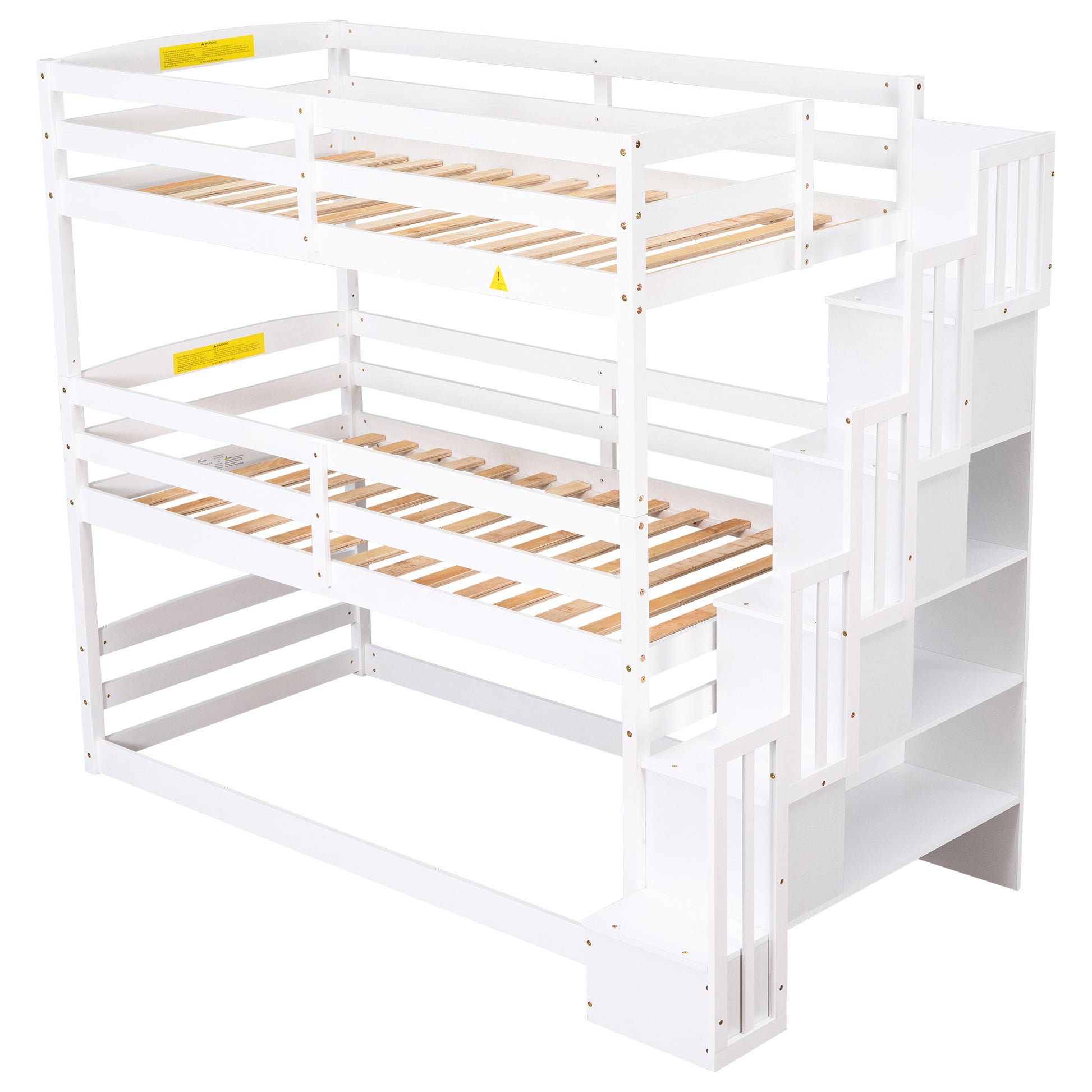 Twin Size Triple Bunk Bed With Storage Staircase,Separate Design,White White Pine