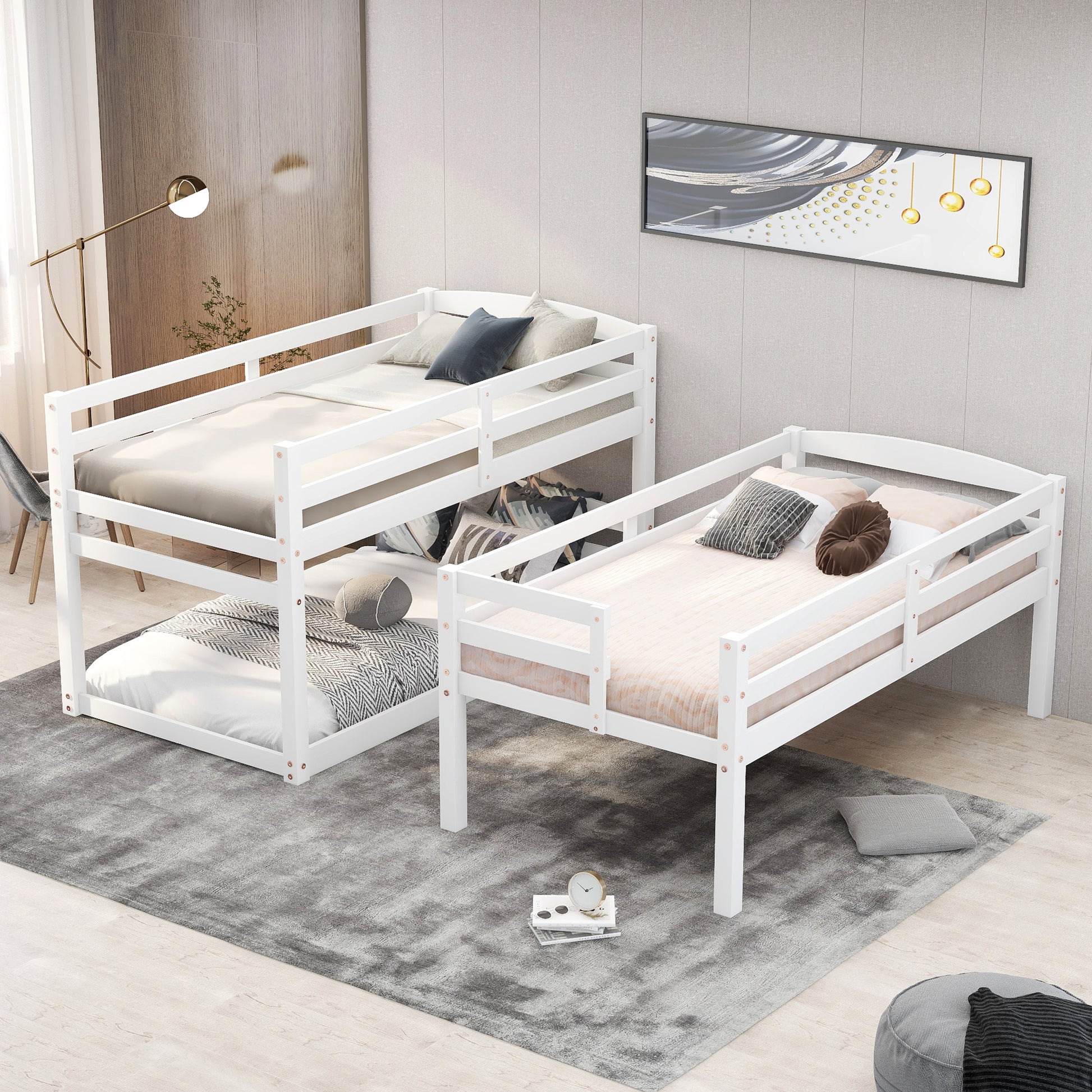 Twin Size Triple Bunk Bed With Storage Staircase,Separate Design,White White Pine