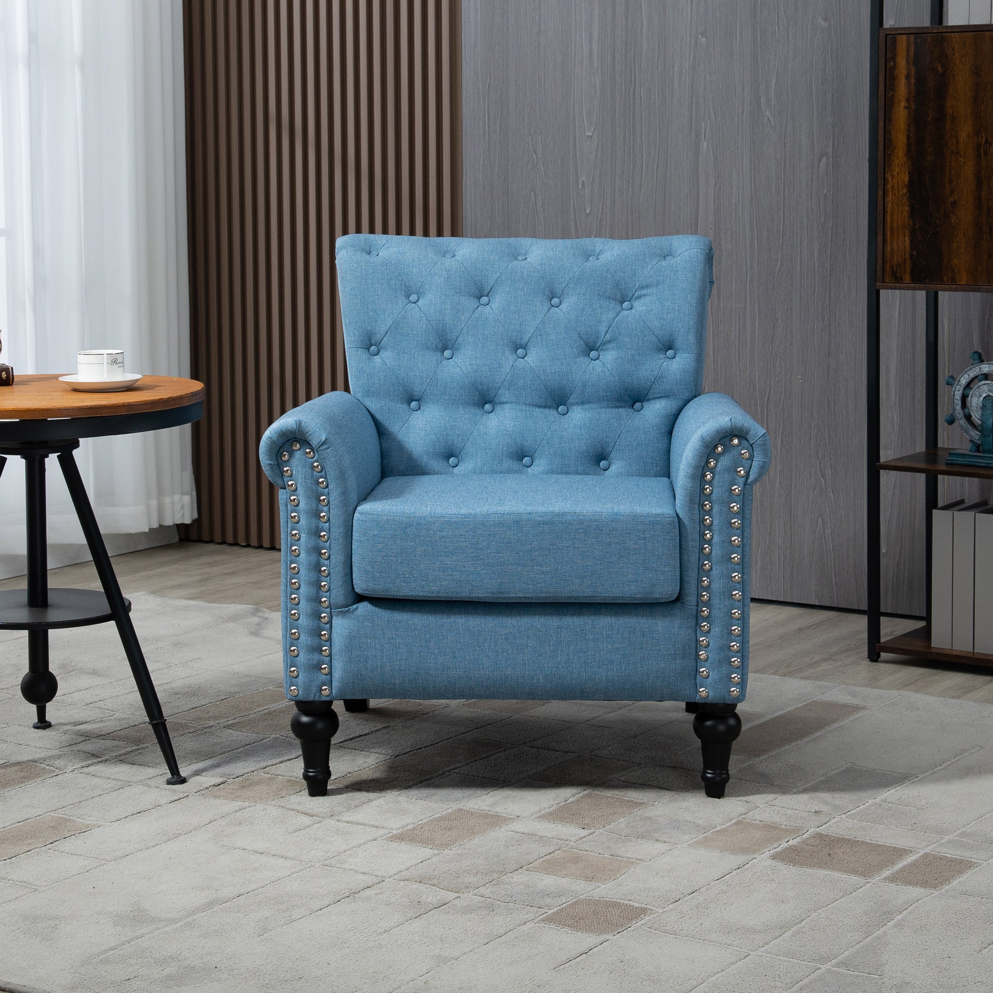 Mid Century Modern Accent Chair, Linen Armchair W Tufted Back Wood Legs, Upholstered Lounge Arm Chair Single Sofa For Living Room Bedroom,Light Blue Light Blue Foam Linen