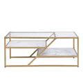 Golden Coffee Table With Storage Shelf, Tempered Glass Coffee Table With Metal Frame For Living Room&Bedroom Golden Mdf Iron