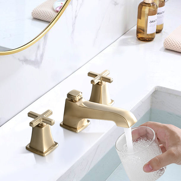 Two Handle Widespread High Arc Bathroom Faucet With Drain Assembly, Brushed Gold Brushed Gold Zinc