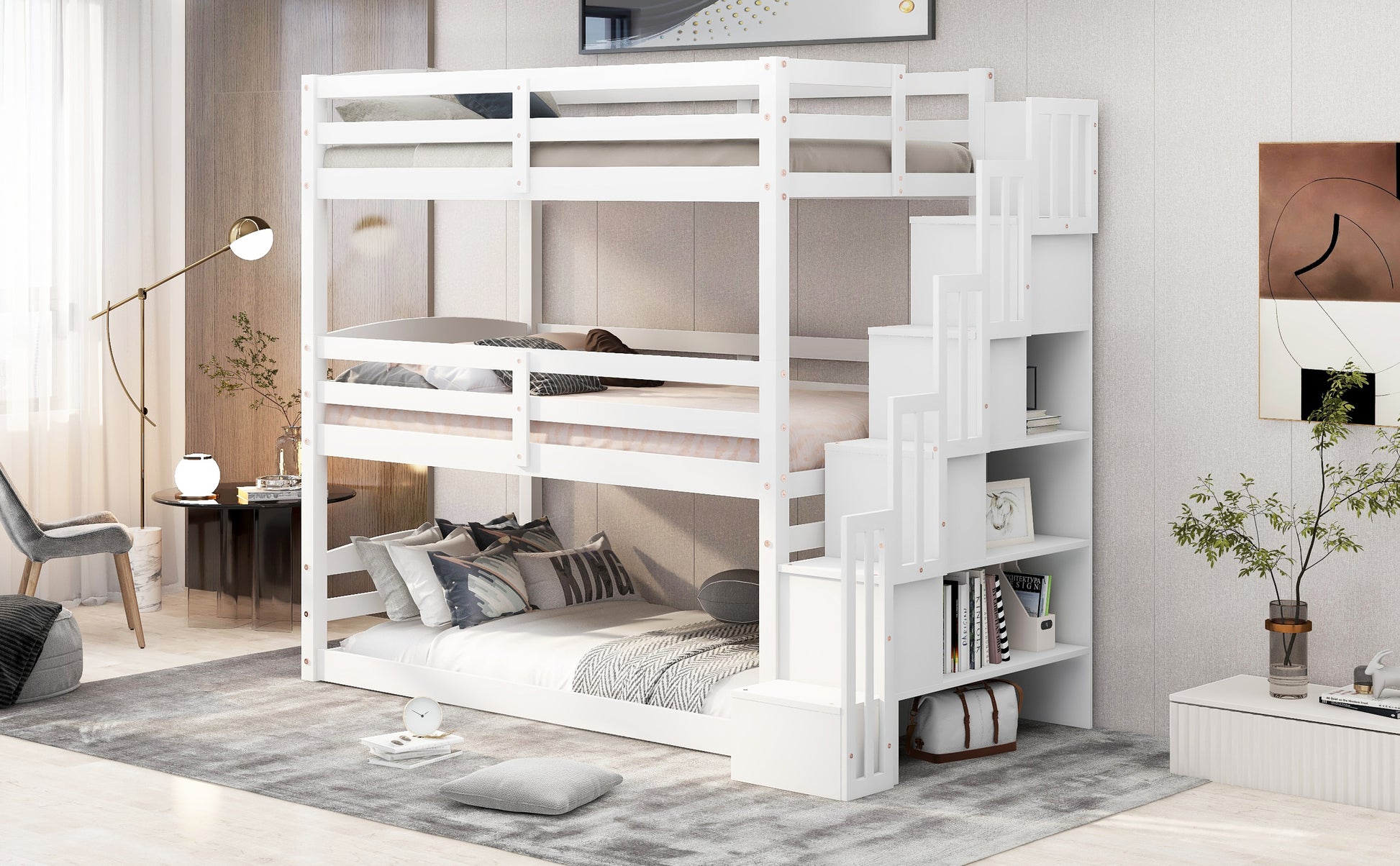 Twin Size Triple Bunk Bed With Storage Staircase,Separate Design,White White Pine