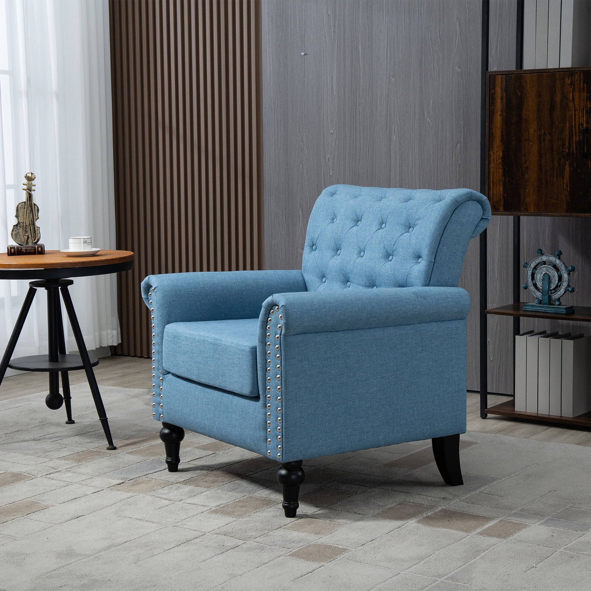 Mid Century Modern Accent Chair, Linen Armchair W Tufted Back Wood Legs, Upholstered Lounge Arm Chair Single Sofa For Living Room Bedroom,Light Blue Light Blue Foam Linen