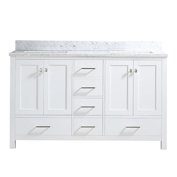 Bathroom Vanity Cabinet Set 60 Inches Double Sink, Bathroom Storage Carrara White Marble Countertop With Back Splash White Plywood