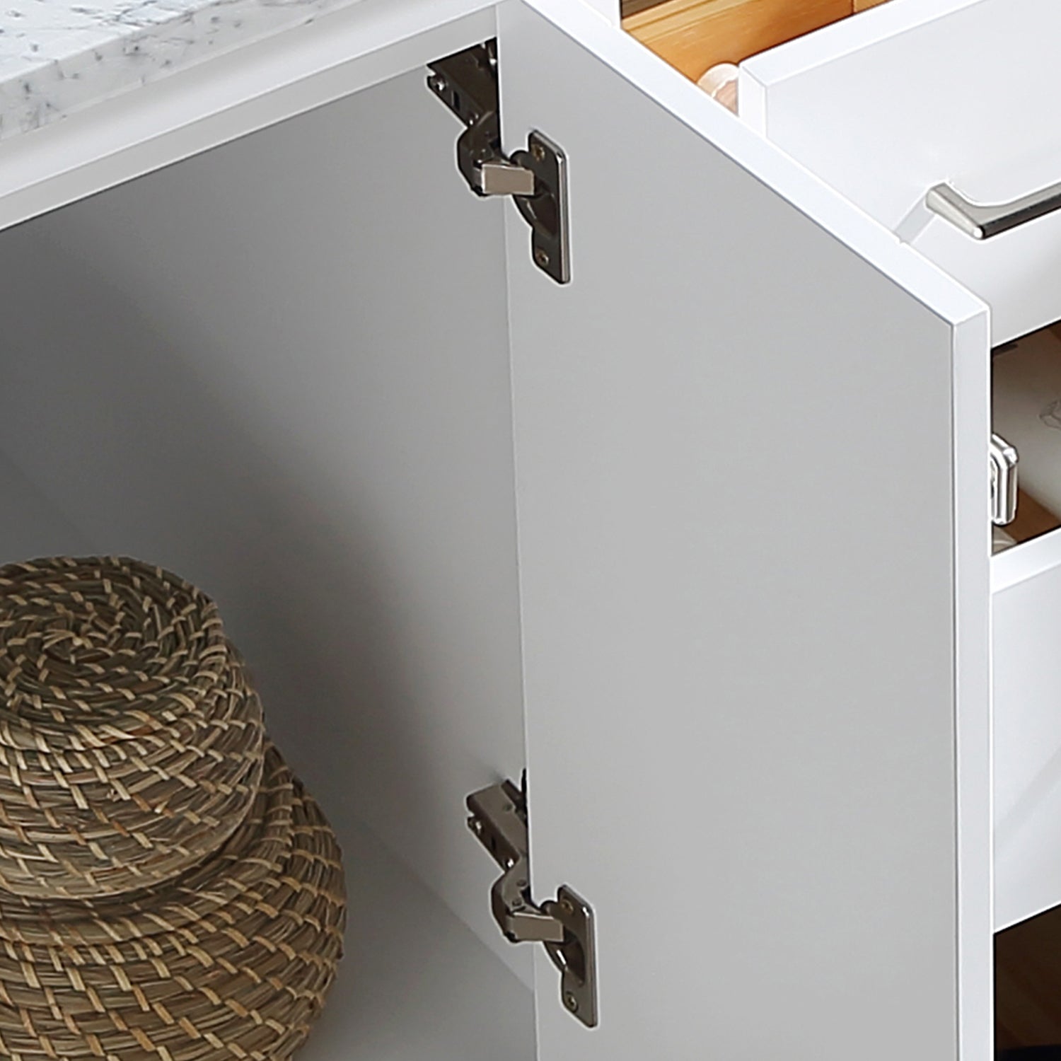 Bathroom Vanity Cabinet Set 60 Inches Double Sink, Bathroom Storage Carrara White Marble Countertop With Back Splash White Plywood