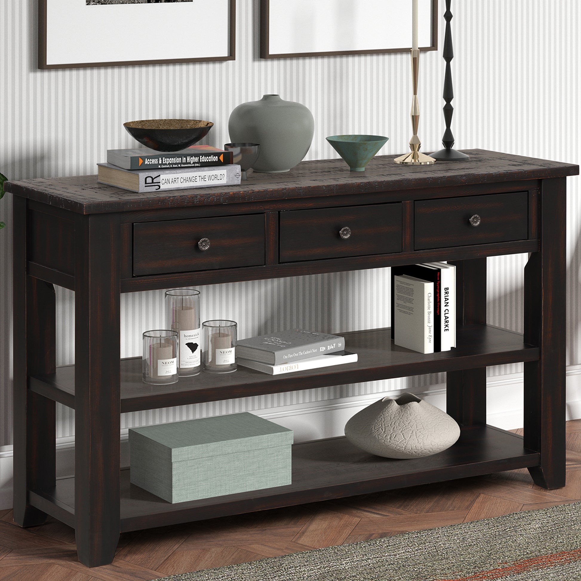 48'' Solid Pine Wood Top Console Table, Modern Entryway Sofa Side Table With 3 Storage Drawers And 2 Shelves. Easy To Assemble Black Black Pine