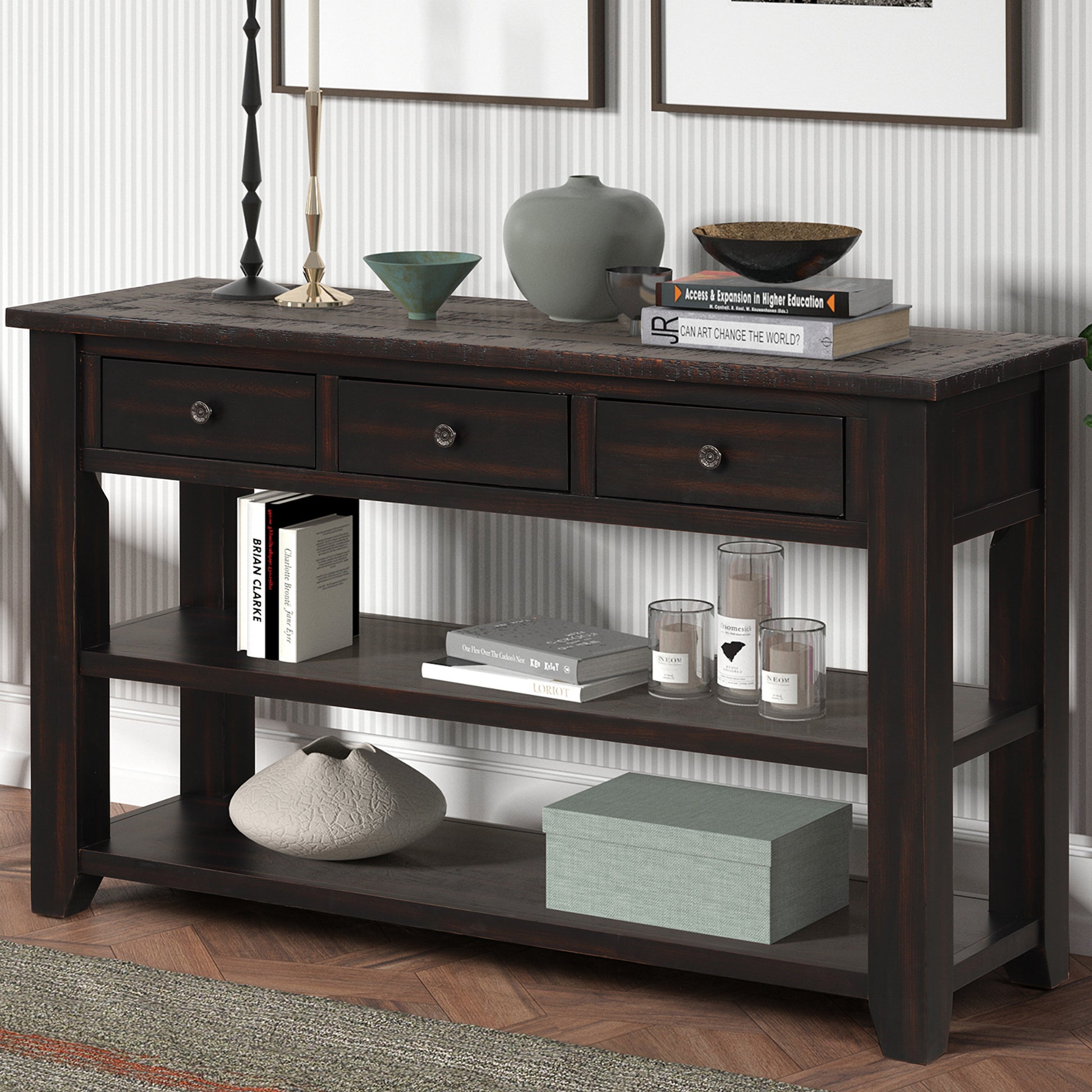 48'' Solid Pine Wood Top Console Table, Modern Entryway Sofa Side Table With 3 Storage Drawers And 2 Shelves. Easy To Assemble Black Black Pine