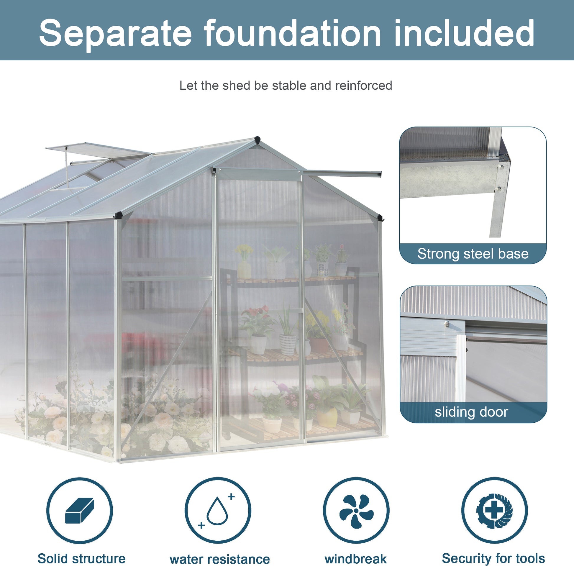 Polycarbonate Greenhouse,6'X 8' Heavy Duty Walk In Plant Garden Greenhouse For Backyard Outdoor Silver Aluminium