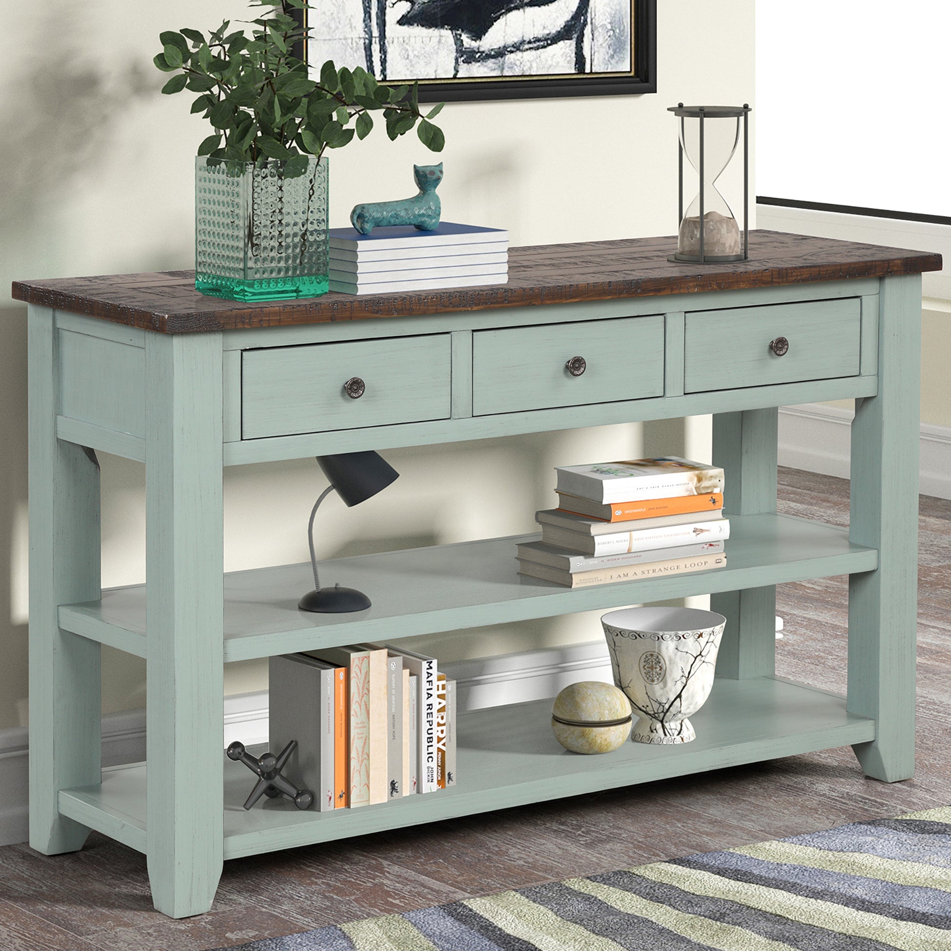 48'' Solid Pine Wood Top Console Table, Modern Entryway Sofa Side Table With 3 Storage Drawers And 2 Shelves. Easy To Assemble Green Brown Top Green Pine