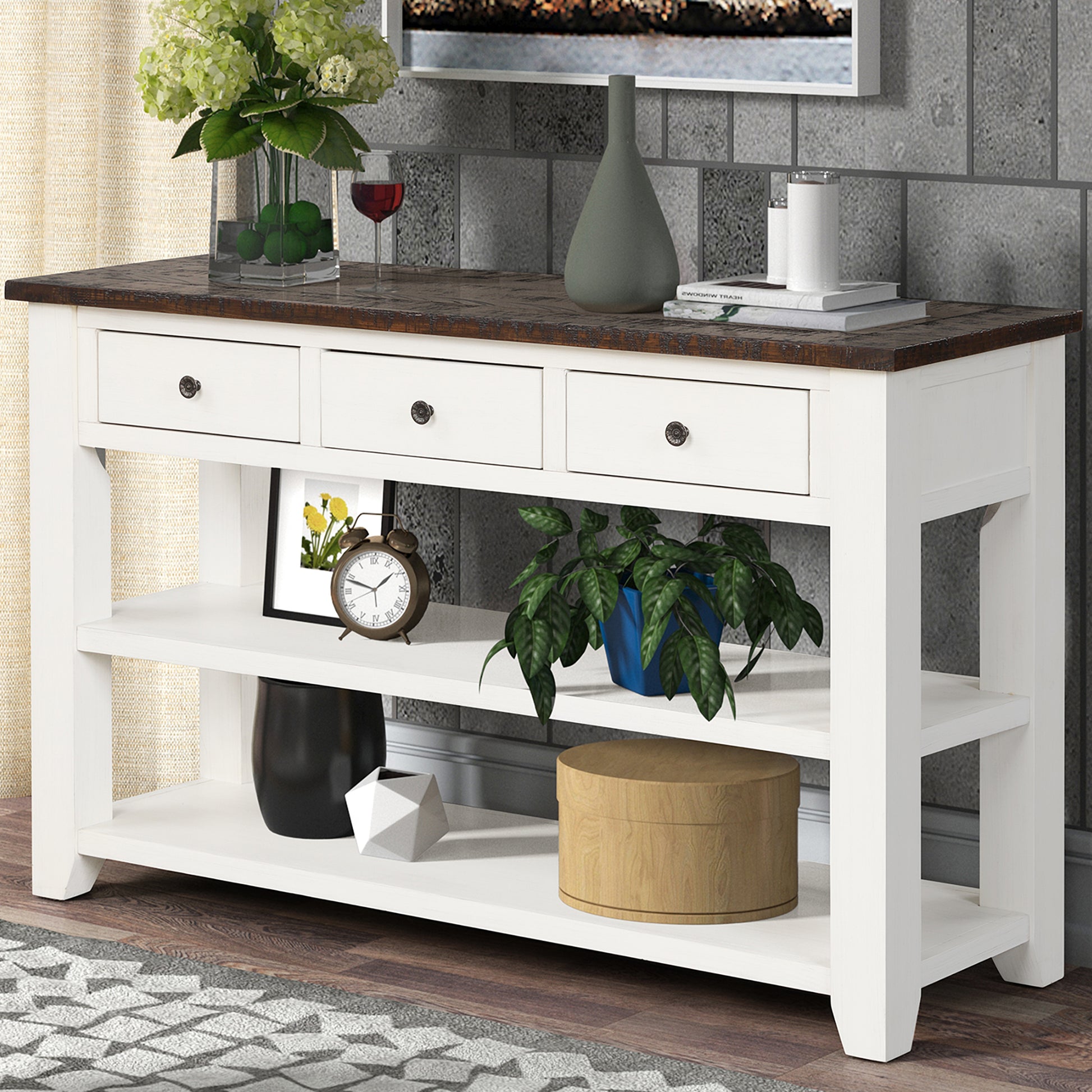 48'' Solid Pine Wood Top Console Table, Modern Entryway Sofa Side Table With 3 Storage Drawers And 2 Shelves. Easy To Assemble Antique White Brown Top Antique White Pine