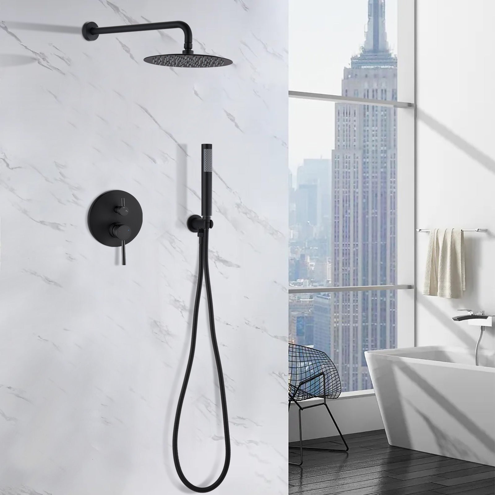 Wall Mounted Round Shower Combo Set With 10" Rain Shower Head And Handheld Shower Head Set With Pressure Balancing Valve Matt Black Brass