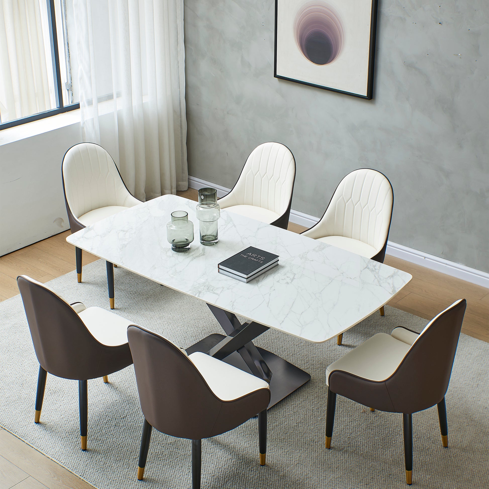 1600Mm Artificial Stone Dining Table With Black Frame Black White Sintered Stone