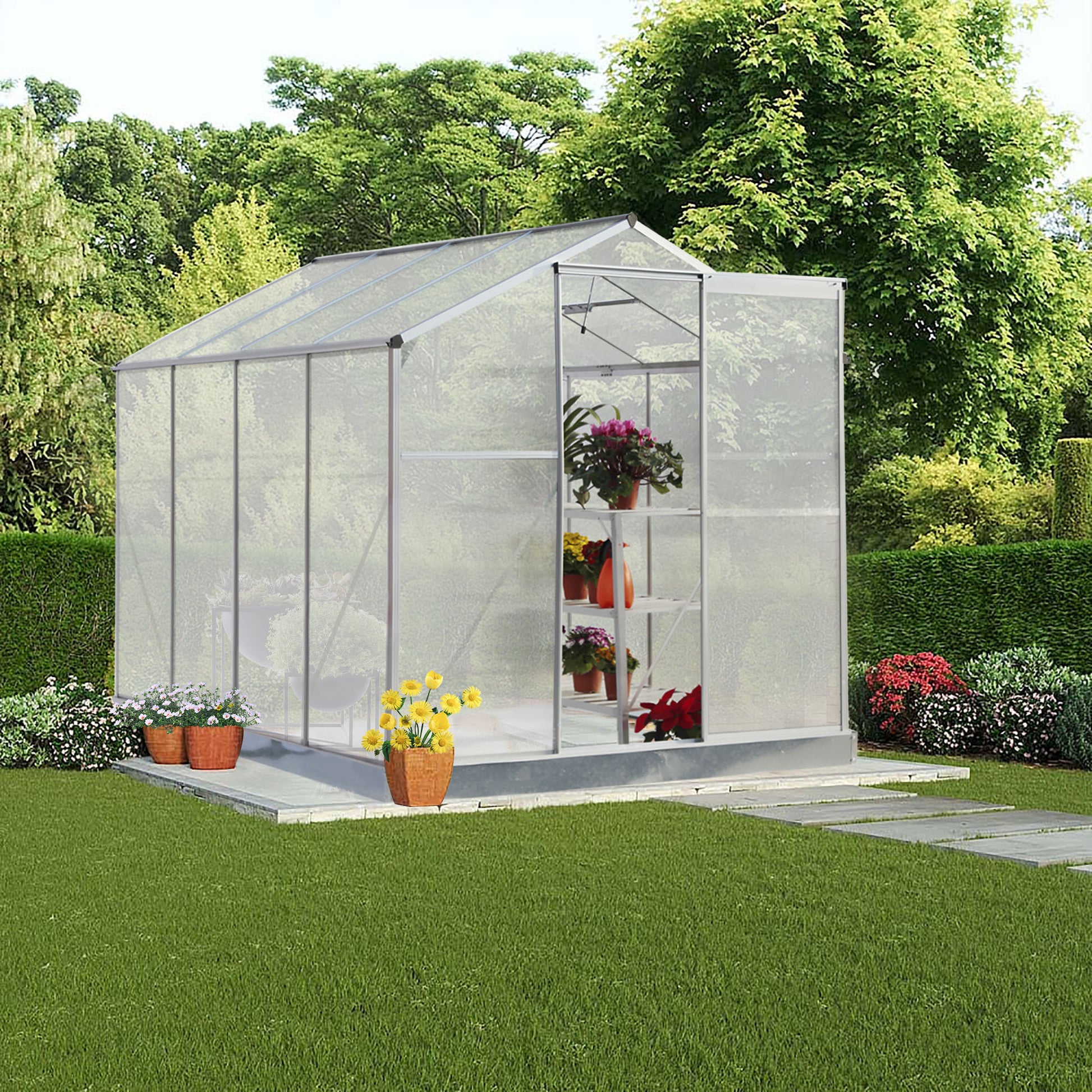 Polycarbonate Greenhouse,6'X 8' Heavy Duty Walk In Plant Garden Greenhouse For Backyard Outdoor Silver Aluminium